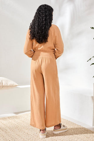 Crinkle Gauze Elastic Waist Flowy Pants-Saharabeige