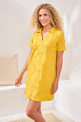 Textured Cotton Short Sleeve V-Neck Tunic Dress-Lemon