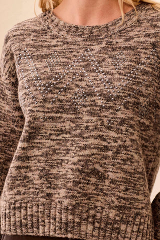 Embelished Stud Appliqué Crew Neck Sweater-M steel