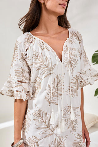 Printed V-Neck Dress With Textured Eyelet Flutter Sleeves-White