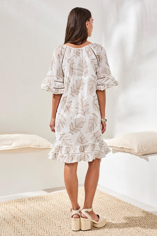 Printed V-Neck Dress With Textured Eyelet Flutter Sleeves-White