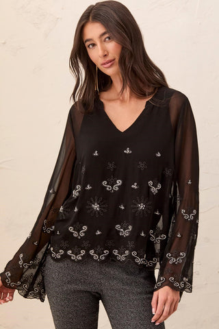 Embroidered Beaded Chiffon Blouse-Black
