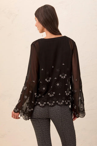 Embroidered Beaded Chiffon Blouse-Black