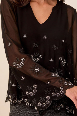 Embroidered Beaded Chiffon Blouse-Black