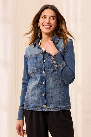 Embroidered Button Front Fitted Denim Jacket-Dusk