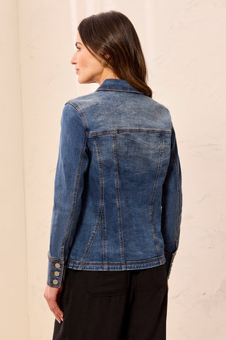 Embroidered Button Front Fitted Denim Jacket-Dusk