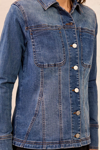 Embroidered Button Front Fitted Denim Jacket-Dusk