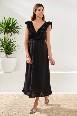 Embroidered Cotton Maxi Dress With Open Back -Black