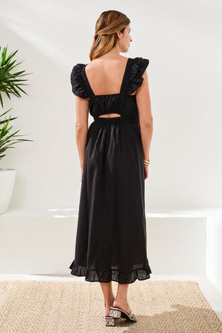 Embroidered Cotton Maxi Dress With Open Back -Black