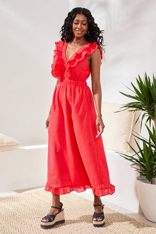 Cotton Maxi Dress With Back Cutout-Coralred