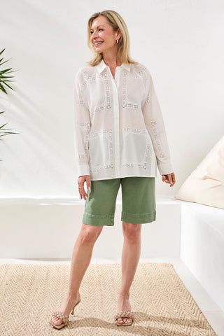 Embroidered Cotton Voile Button Blouse-White