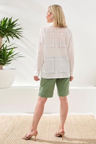 Embroidered Cotton Voile Button Blouse-White