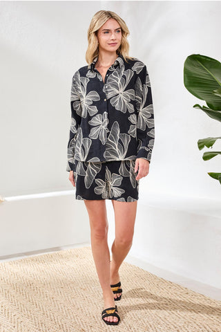 Embroidered Long Sleeve Button‑Front Blouse-Black
