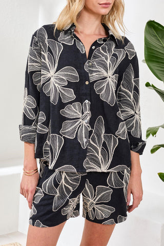 Embroidered Long Sleeve Button‑Front Blouse-Black