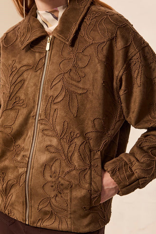 Embroidered Faux-Suede Zip-Front Jacket-Dkfossil