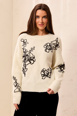 Embroidered Floral Textured Drop Shoulder Knit Sweater-Moonstone