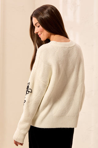 Embroidered Floral Textured Drop Shoulder Knit Sweater-Moonstone