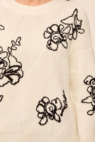 Embroidered Floral Textured Drop Shoulder Knit Sweater-Moonstone