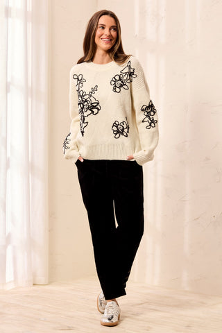 Embroidered Floral Textured Drop Shoulder Knit Sweater-Moonstone