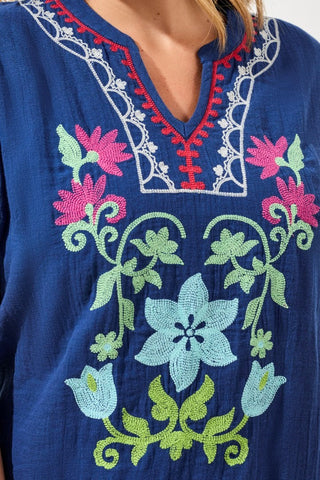 Soft Embroidered Gauze Tunic Dress-Jet blue
