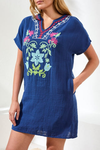 Soft Embroidered Gauze Tunic Dress-Jet blue