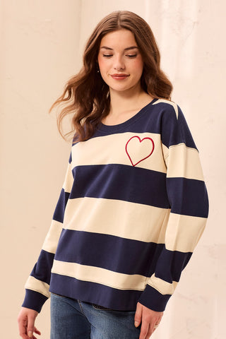 Embroidered Heart Drop Shoulder Cotton Pullover -Jet blue