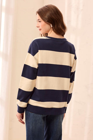 Embroidered Heart Drop Shoulder Cotton Pullover -Jet blue