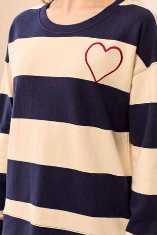 Embroidered Heart Drop Shoulder Cotton Pullover -Jet blue