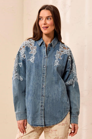 Embroidered Lace Inset Denim Button-Up Shirt-Flowerblue