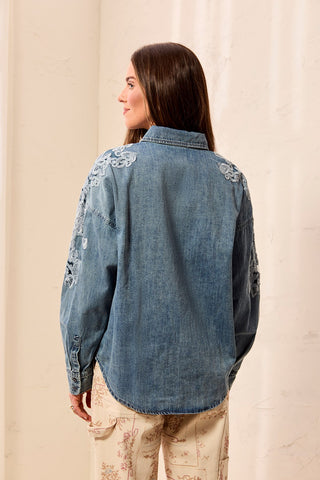 Embroidered Lace Inset Denim Button-Up Shirt-Flowerblue
