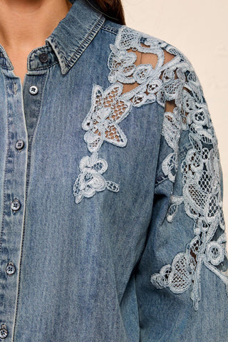 Embroidered Lace Inset Denim Button-Up Shirt-Flowerblue