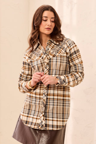 Embroidered Plaid Flannel Shirt With Button-Front Closure-Hazelwood