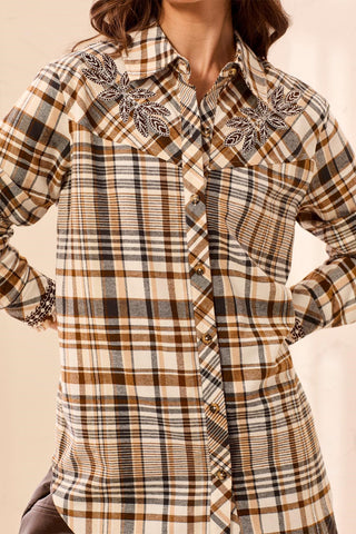 Embroidered Plaid Flannel Shirt With Button-Front Closure-Hazelwood