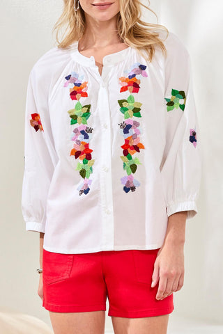 Embroidered Poplin 3/4 Sleeve Notch Neck Blouse-White