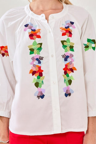 Embroidered Poplin 3/4 Sleeve Notch Neck Blouse-White