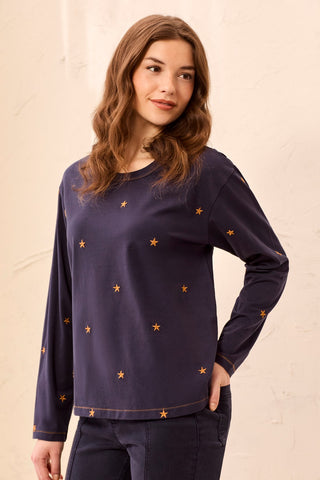 Embroidered Star Crew Neck Long Sleeve Knit Top-Jet blue