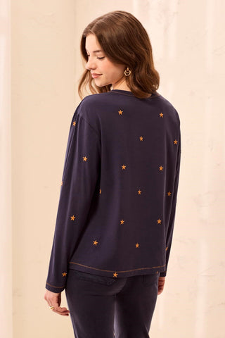 Embroidered Star Crew Neck Long Sleeve Knit Top-Jet blue