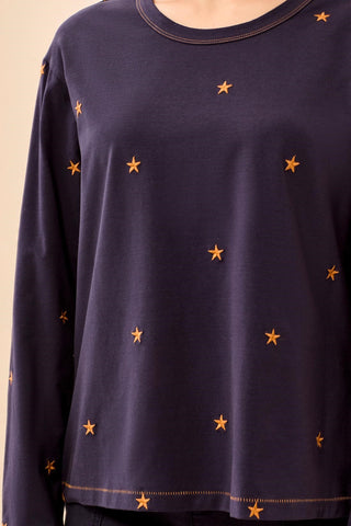 Embroidered Star Crew Neck Long Sleeve Knit Top-Jet blue