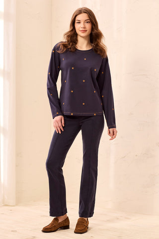 Embroidered Star Crew Neck Long Sleeve Knit Top-Jet blue
