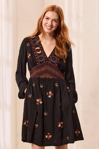 Robe Courte À Col En V Et Taille Empire Brodée-Noir