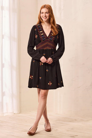 Robe Courte À Col En V Et Taille Empire Brodée-Noir
