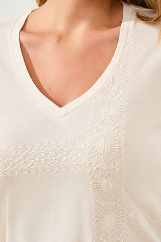 Embroidered V-Neck Top With Special Wash-Eggshell