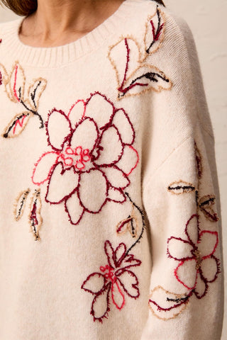 Eyelash Embroidered Long Sleeve Crew Neck Sweater-Moonstone