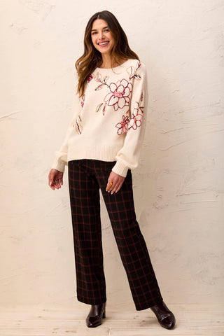 Eyelash Embroidered Long Sleeve Crew Neck Sweater-Moonstone