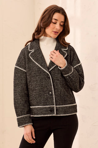 Veste Boutonnée À Col En V En Maille Jacquard Texturée-Noir