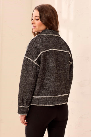 Veste Boutonnée À Col En V En Maille Jacquard Texturée-Noir