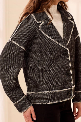 Veste Boutonnée À Col En V En Maille Jacquard Texturée-Noir