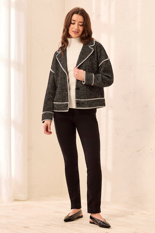 Veste Boutonnée À Col En V En Maille Jacquard Texturée-Noir