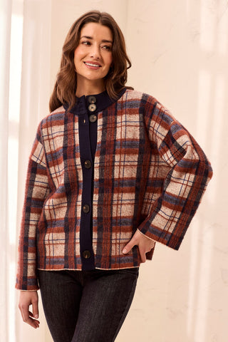 Eyelash Knit Plaid Button-Front Mock Neck Sweater Cardigan-Stellar