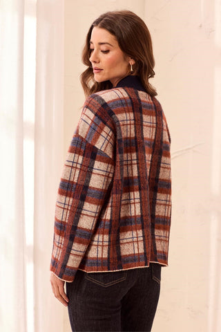 Eyelash Knit Plaid Button-Front Mock Neck Sweater Cardigan-Stellar
